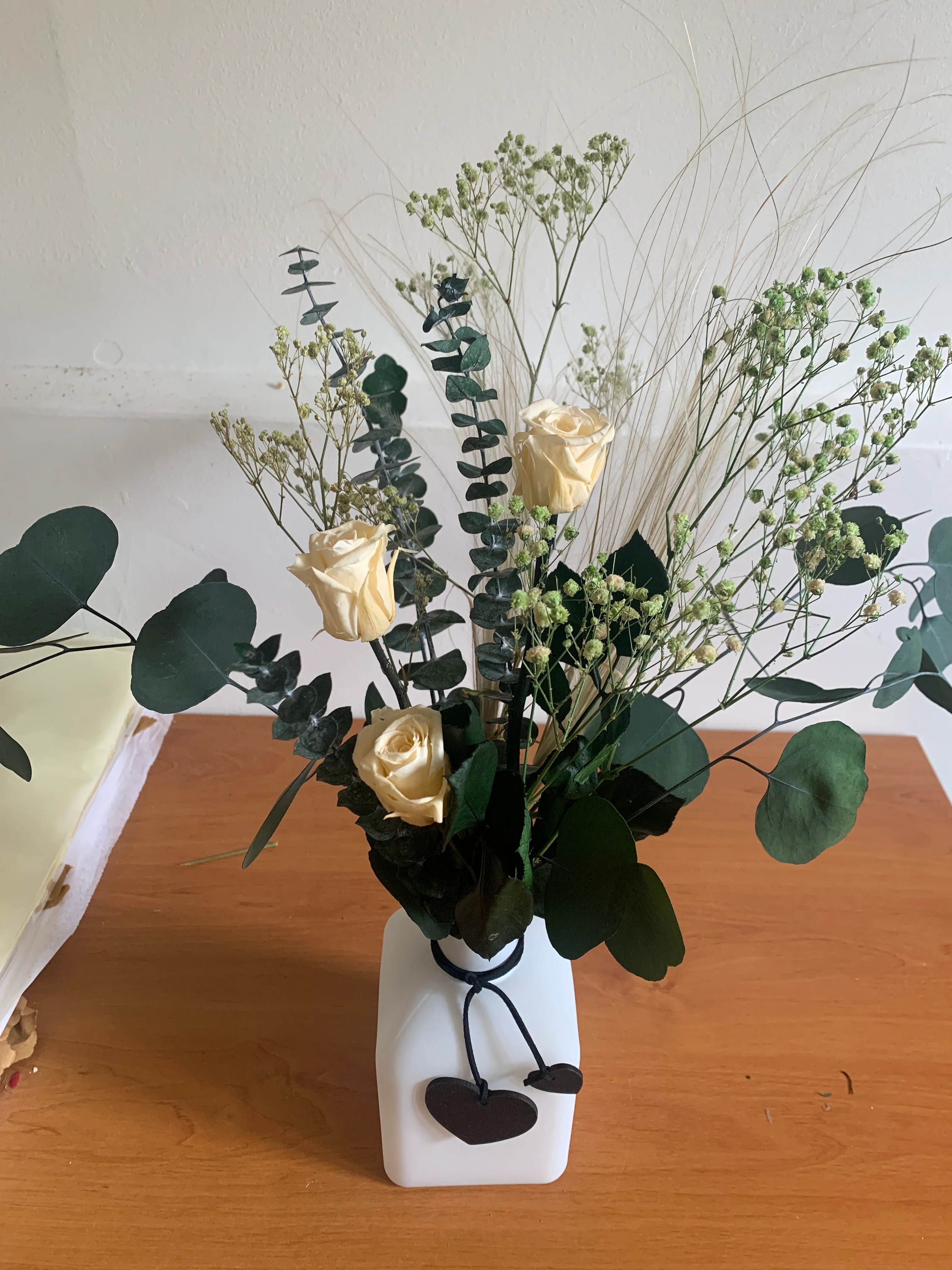 White vase with Mini Cream Magic Roses - Image 3